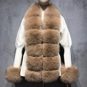 Cardigan di lana con pelliccia di volpe camel e penna