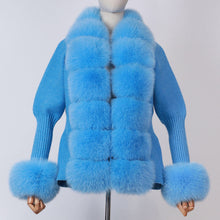 Load the image into the Gallery viewer, Cardigan di lana con pelliccia di volpe turchese
