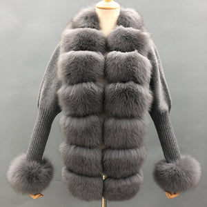 Cardigan di lana con pelliccia di volpe grigia classica