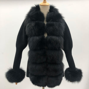 Cardigan di lana con pelliccia di volpe nera