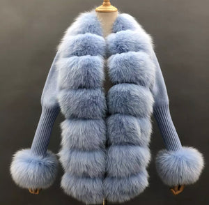 Cardigan di lana con pelliccia di volpe azzurro cielo
