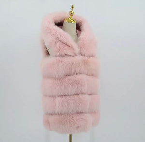 Gilet con cappuccio pelliccia di volpe rosa chiaro