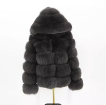 Load image into Gallery viewer, Pelliccia di volpe con cappuccio grigio scuro