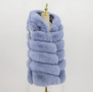 Gilet lungo in pelliccia di volpe con cappuccio baby blue